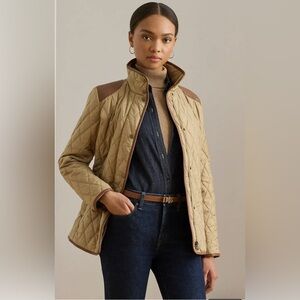 Ralph Lauren Diamond Quilted Barn Jacket With Faux Leather Trim Oatmeal Size M
